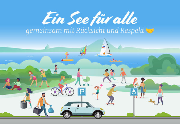Mit der Botschaft „Ein See für alle“ wirbt die EGZ auf Plakaten, Aufklebern und Social Media Grafiken für ein respektvolles Miteinander am Berzdorfer See.