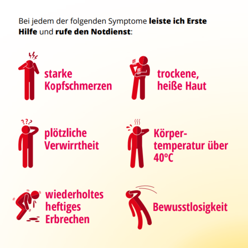 Symptome eines hitzebedingten Notfalls: starke Kopfschmerzen, trockene, heiße Haut, plötzliche Verwirrtheit, Körpertemperatur über 40 Grad Celsius, wiederholtes heftiges Erbrechen, Bewusstlosigkeit. Sofort 112 wählen!